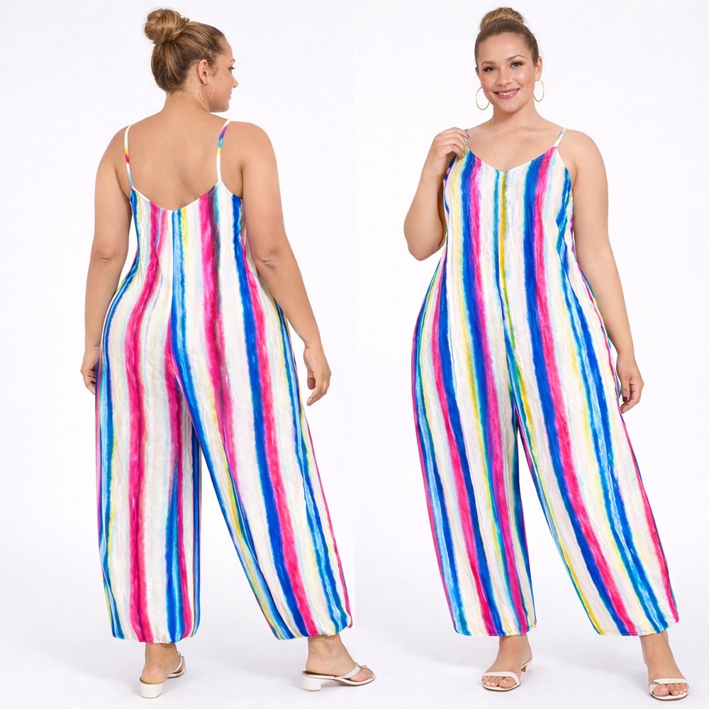SHEIN Curve Multicolor Tie-Dye Stripe Cropped Jumpsuit Sz 3X Vacation Summer